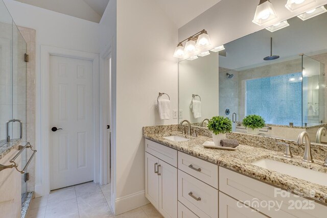 5051 Carillon Way, Charlotte, NC 28270 - bathroom with a stall shower, double vanity, tile patterned flooring, and vaulted ceiling