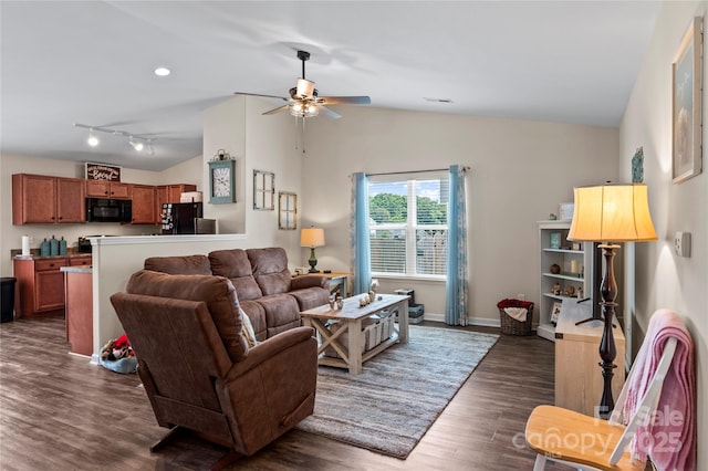 5967 Odenton Ln, Pfafftown, NC 27040 - living area with vaulted ceiling, dark wood finished floors, ceiling fan, and recessed lighting