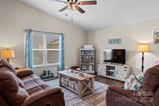 5967 Odenton Ln, Pfafftown, NC 27040 - living area featuring ceiling fan, vaulted ceiling, and wood finished floors