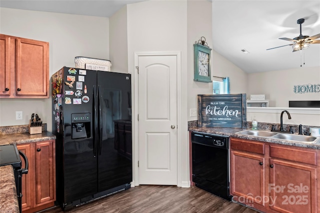 5967 Odenton Ln, Pfafftown, NC 27040 - kitchen with black appliances, dark wood-style floors, a ceiling fan, brown cabinets, and lofted ceiling