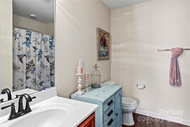 5967 Odenton Ln, Pfafftown, NC 27040 - bathroom featuring vanity, wood finished floors, and a shower with shower curtain