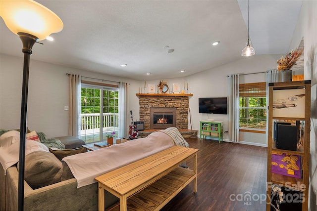 477 Panther Branch Rd, Alexander, NC 28701 - living room with dark wood-style floors, a fireplace, and recessed lighting