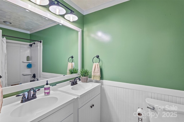477 Panther Branch Rd, Alexander, NC 28701 - bathroom featuring wainscoting, vanity, curtained shower, and ornamental molding