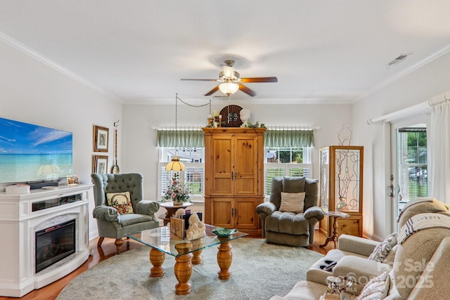 8 Amos Ct, Maggie Valley, NC 28751 - living room featuring healthy amount of natural light, ornamental molding, light wood-style floors, ceiling fan, and a fireplace