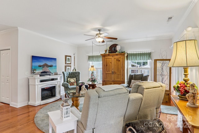 8 Amos Ct, Maggie Valley, NC 28751 - living area with light wood-type flooring, ceiling fan, crown molding, and a glass covered fireplace