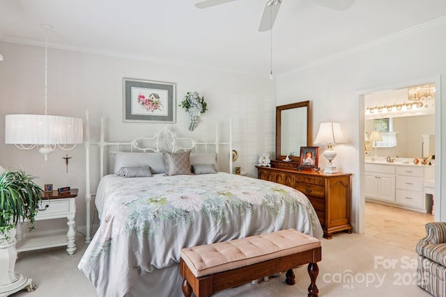8 Amos Ct, Maggie Valley, NC 28751 - bedroom featuring crown molding, light colored carpet, ensuite bath, and ceiling fan