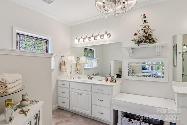 8 Amos Ct, Maggie Valley, NC 28751 - bathroom featuring ornamental molding, vanity, and a chandelier
