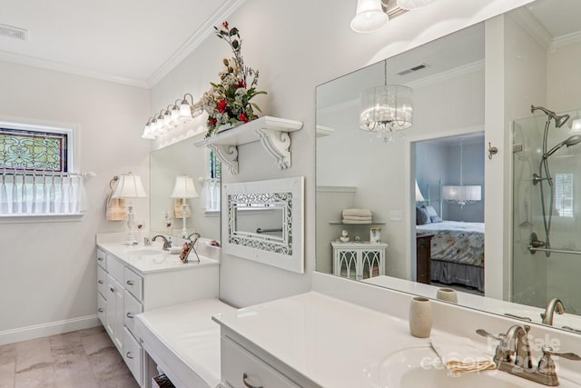 8 Amos Ct, Maggie Valley, NC 28751 - full bath featuring ornamental molding, connected bathroom, a shower with shower door, vanity, and a chandelier