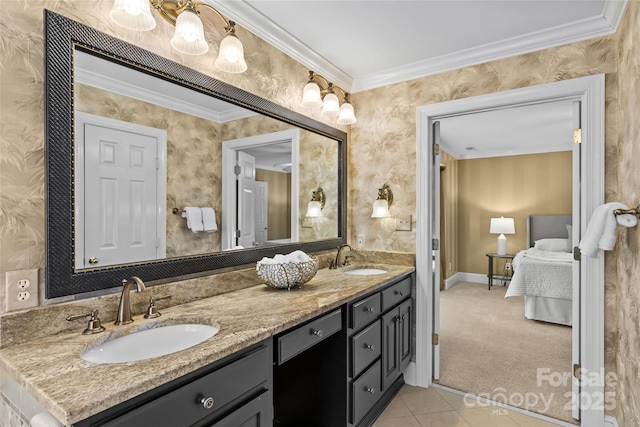 1019 Westlake Dr, Kannapolis, NC 28081 - ensuite bathroom with double vanity, ornamental molding, and tile patterned floors