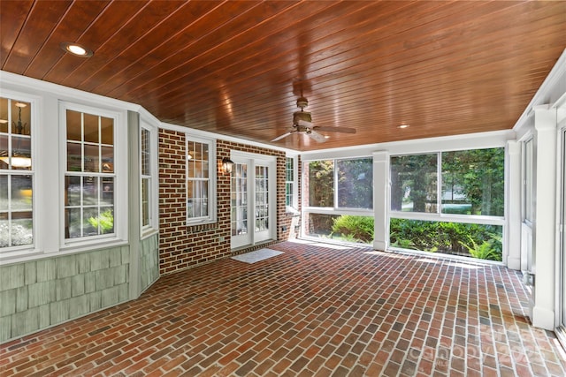 1019 Westlake Dr, Kannapolis, NC 28081 - unfurnished sunroom featuring wooden ceiling, a ceiling fan, brick flooring, and recessed lighting