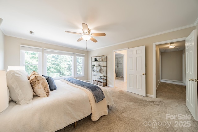 6412 Boykin Spaniel Rd, Charlotte, NC 28277 - bedroom with attic access, carpet floors, crown molding, and a ceiling fan