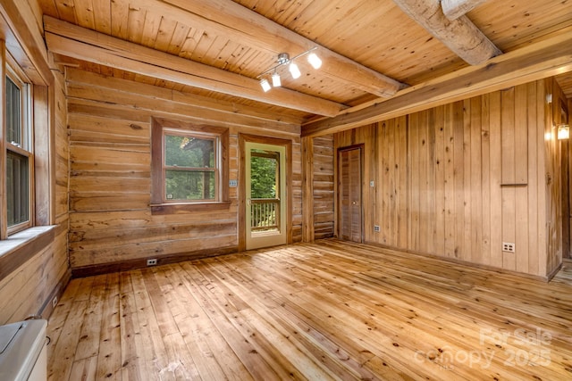 465 Youngs Gap Rd, Fletcher, NC 28732 - spare room with wood-type flooring, a wooden ceiling with exposed beams, wood walls, and rail lighting