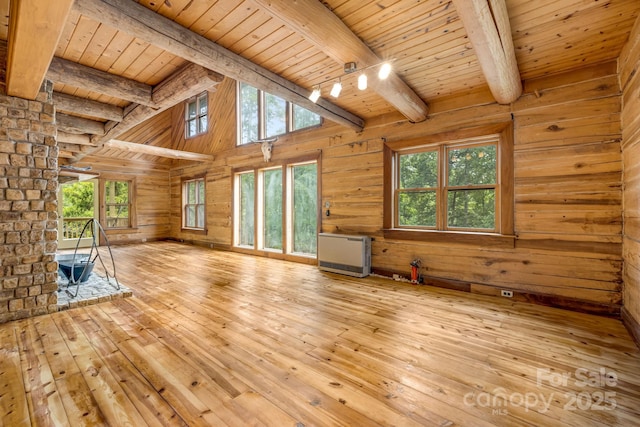 465 Youngs Gap Rd, Fletcher, NC 28732 - unfurnished living room with wood ceiling, hardwood / wood-style floors, heating unit, and wood walls