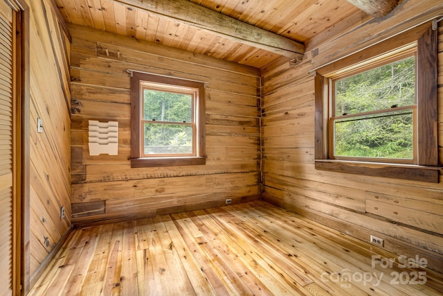 465 Youngs Gap Rd, Fletcher, NC 28732 - empty room featuring a sauna, wooden walls, a wooden ceiling with exposed beams, and light wood-style floors