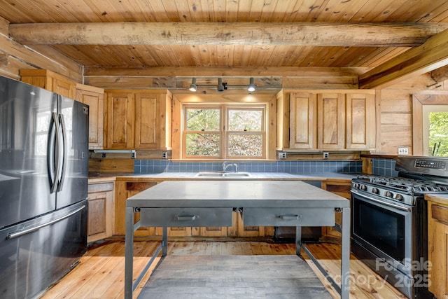 465 Youngs Gap Rd, Fletcher, NC 28732 - kitchen featuring stainless steel appliances, plenty of natural light, light wood finished floors, a wooden ceiling with exposed beams, and light countertops