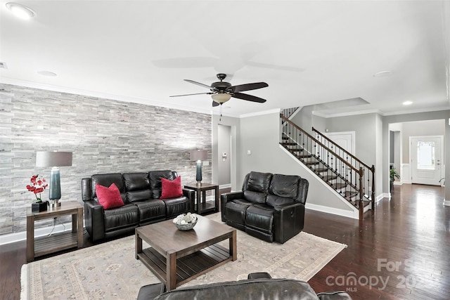 2377 Maple Grove Ln NW, Concord, NC 28027 - living room featuring stairway, ceiling fan, wood finished floors, ornamental molding, and recessed lighting