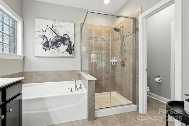 2377 Maple Grove Ln NW, Concord, NC 28027 - bathroom featuring a bath, a shower stall, tile patterned flooring, vanity, and recessed lighting