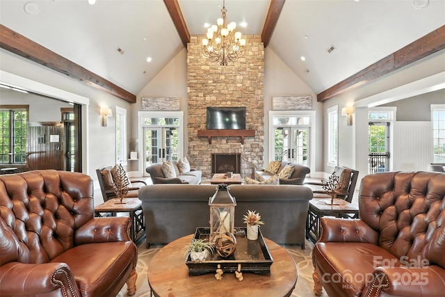 2377 Maple Grove Ln NW, Concord, NC 28027 - living area featuring beam ceiling, high vaulted ceiling, a chandelier, and a fireplace