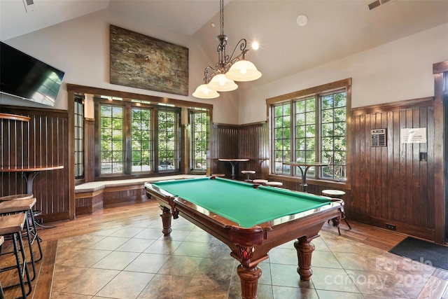 2377 Maple Grove Ln NW, Concord, NC 28027 - recreation room featuring high vaulted ceiling, pool table, wainscoting, tile patterned floors, and wood walls