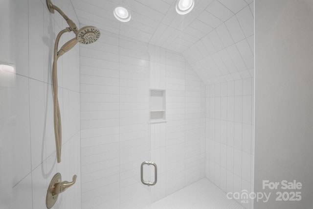 4349 Castleton Rd, Charlotte, NC 28211 - bathroom featuring a shower stall and vaulted ceiling