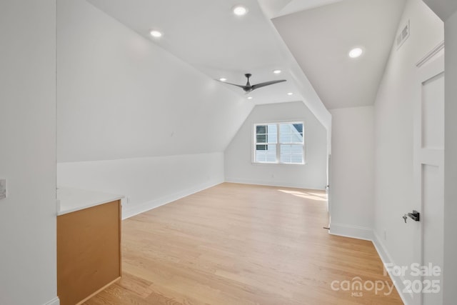 4349 Castleton Rd, Charlotte, NC 28211 - additional living space featuring vaulted ceiling, light wood-style flooring, ceiling fan, and recessed lighting