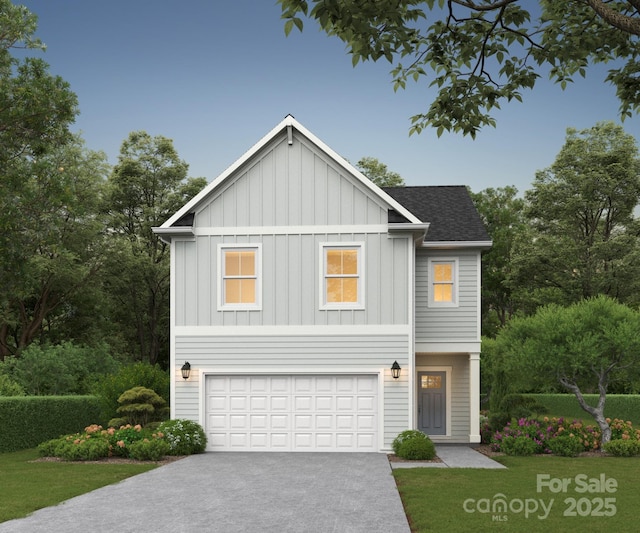 1209 Cathey Rd, Charlotte, NC 28214 - view of front facade with board and batten siding, a garage, concrete driveway, and roof with shingles