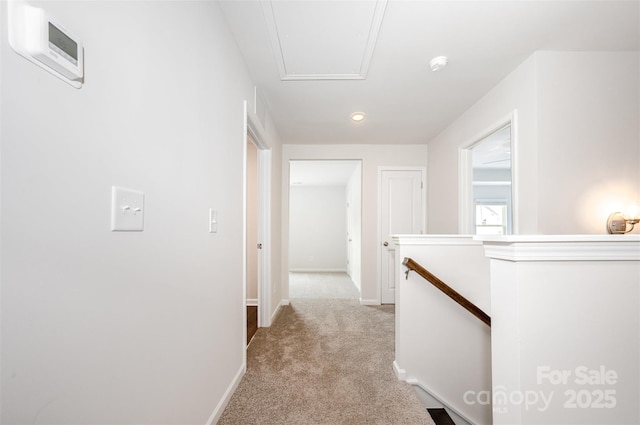 1209 Cathey Rd, Charlotte, NC 28214 - hallway with an upstairs landing, light colored carpet, attic access, and recessed lighting
