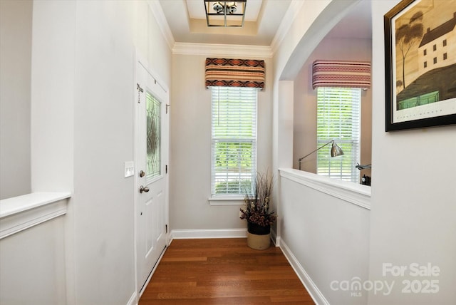 10818 Alvarado Way, Charlotte, NC 28277 - doorway featuring wood finished floors, arched walkways, and crown molding