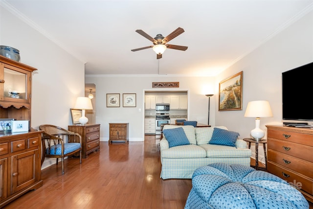 1300 Reece Rd Unit 402, Charlotte, NC 28209 - living area with ceiling fan, ornamental molding, and hardwood / wood-style flooring