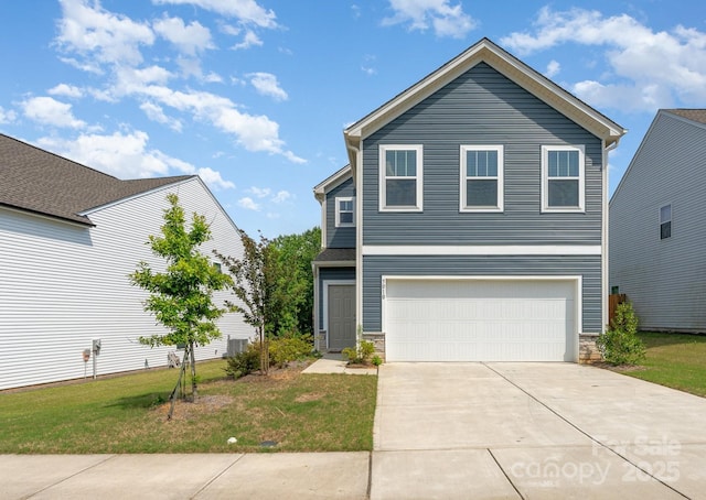 5010 Arbordale Way, Mount Holly, NC 28120 - traditional home with a garage, driveway, a front yard, and stone siding