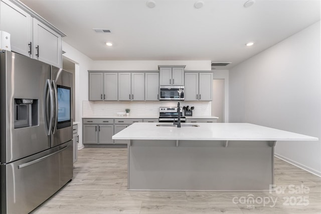 5010 Arbordale Way, Mount Holly, NC 28120 - kitchen with appliances with stainless steel finishes, gray cabinetry, light countertops, decorative backsplash, and recessed lighting