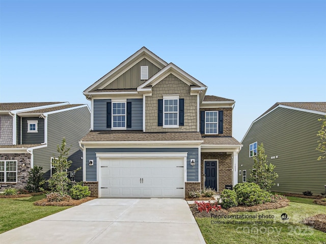 1020 Lookout Shoals Dr, Fort Mill, SC 29715 - craftsman-style home with driveway, board and batten siding, brick siding, a garage, and roof with shingles
