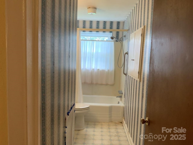 3009 Grier St, Newton, NC 28658 - bathroom featuring wallpapered walls, shower / tub combination, and tile patterned floors