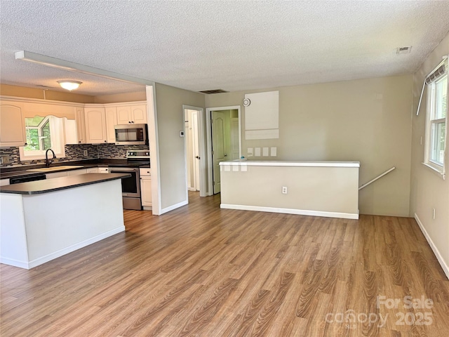 123 Avondale Ridge Rd, Asheville, NC 28803 - kitchen with appliances with stainless steel finishes, a textured ceiling, dark countertops, plenty of natural light, and light wood-type flooring