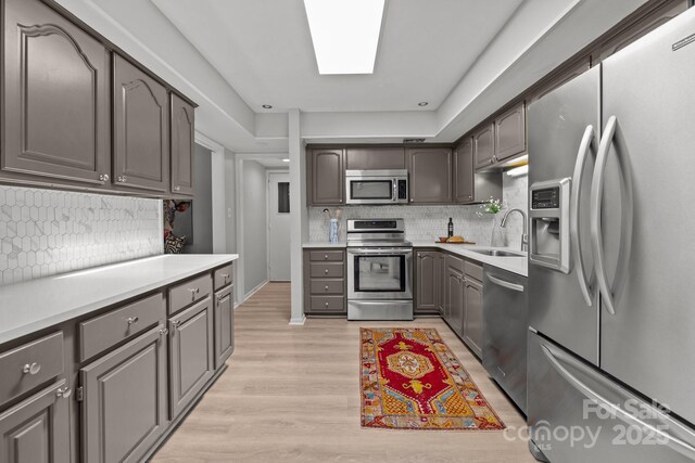 4208 Burning Tree Dr, Charlotte, NC 28277 - kitchen featuring stainless steel appliances, backsplash, light wood-type flooring, and light countertops