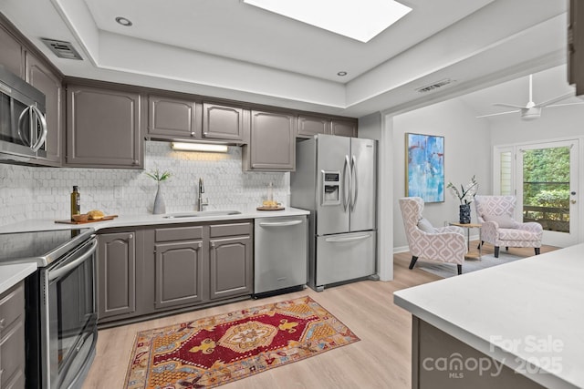 4208 Burning Tree Dr, Charlotte, NC 28277 - kitchen featuring appliances with stainless steel finishes, light countertops, light wood-style flooring, and tasteful backsplash