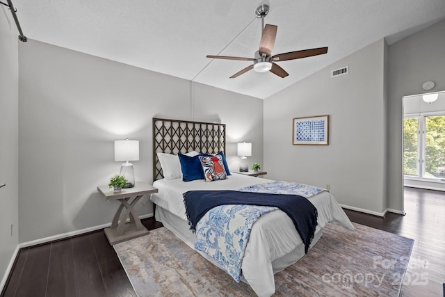 4208 Burning Tree Dr, Charlotte, NC 28277 - bedroom with vaulted ceiling, wood finished floors, ceiling fan, and a textured ceiling