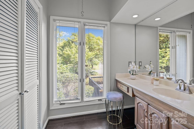 4208 Burning Tree Dr, Charlotte, NC 28277 - bathroom with vanity, healthy amount of natural light, recessed lighting, wood finished floors, and a closet