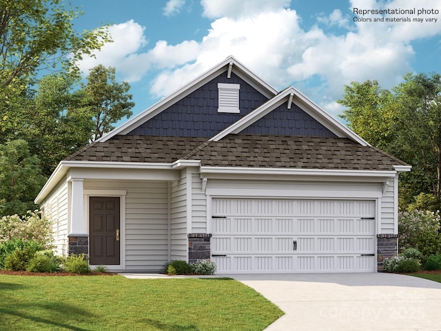 225 Runner Stone Ln, Fort Mill, SC 29715 - craftsman-style house with driveway, a front yard, stone siding, and roof with shingles
