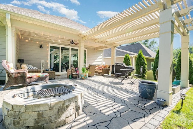 3899 Zemosa Ln NW, Concord, NC 28027 - view of patio / terrace featuring outdoor lounge area, a ceiling fan, a pergola, and area for grilling