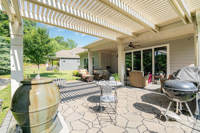 3899 Zemosa Ln NW, Concord, NC 28027 - view of patio / terrace featuring an outdoor hangout area, a pergola, ceiling fan, and grilling area
