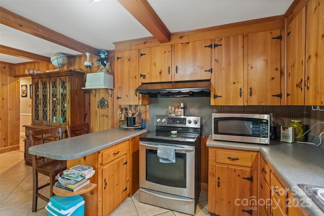 6632 Candlewood Dr, Charlotte, NC 28210 - kitchen featuring stainless steel appliances, exhaust hood, beamed ceiling, light tile patterned floors, and decorative backsplash