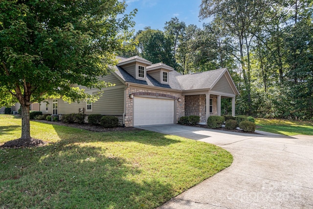 860 Wynnshire Dr, Hickory, NC 28601 - view of front of home with stone siding, concrete driveway, a garage, a front yard, and roof with shingles