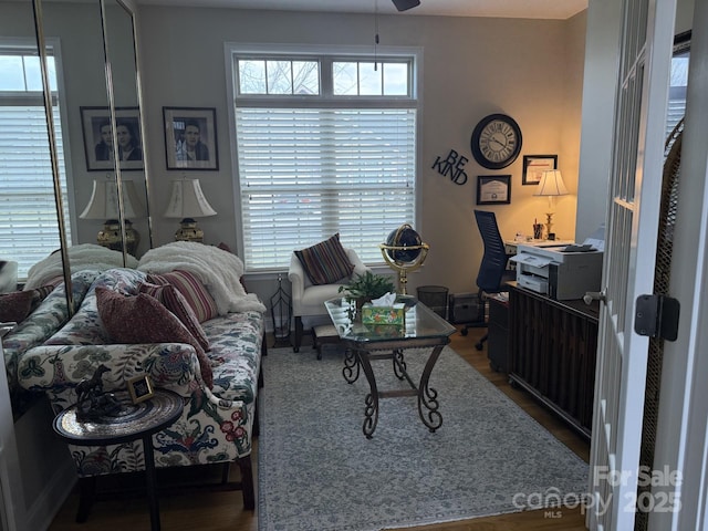 860 Wynnshire Dr, Hickory, NC 28601 - living area featuring wood finished floors, a ceiling fan, and an office area