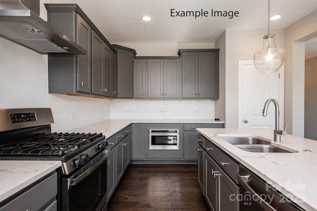 6140 Balham Ct Unit Ken0059, Charlotte, NC 28215 - kitchen featuring stainless steel appliances, wall chimney exhaust hood, dark wood-style flooring, recessed lighting, and light stone countertops