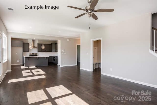 6140 Balham Ct Unit Ken0059, Charlotte, NC 28215 - unfurnished living room with ceiling fan, dark wood-style floors, ornamental molding, and recessed lighting