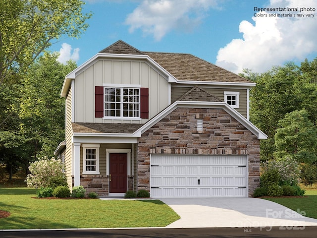233 Runner Stone Ln, Fort Mill, SC 29715 - view of front facade featuring stone siding, a front lawn, board and batten siding, and concrete driveway