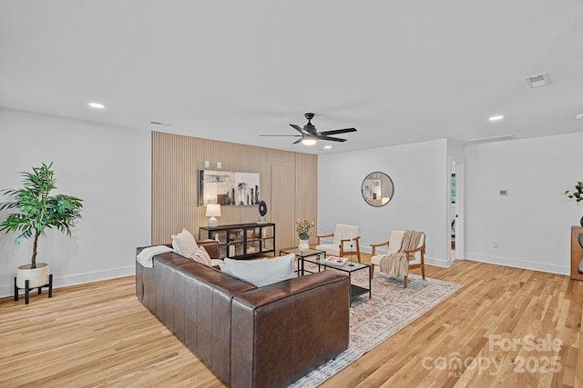 4209 Windwood Cir, Charlotte, NC 28226 - living room featuring light wood-style floors, a ceiling fan, and recessed lighting