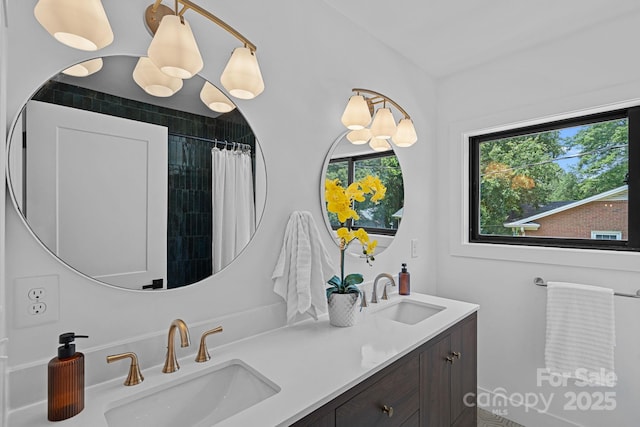 4209 Windwood Cir, Charlotte, NC 28226 - bathroom featuring double vanity and curtained shower