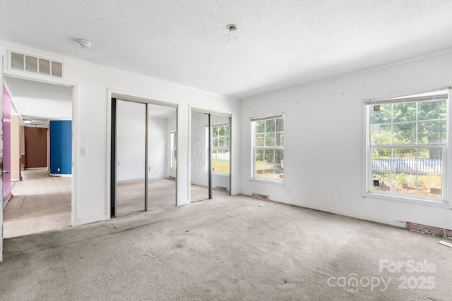 6314 Providence Church Rd, Vale, NC 28168 - unfurnished bedroom featuring carpet floors, a textured ceiling, two closets, and multiple windows